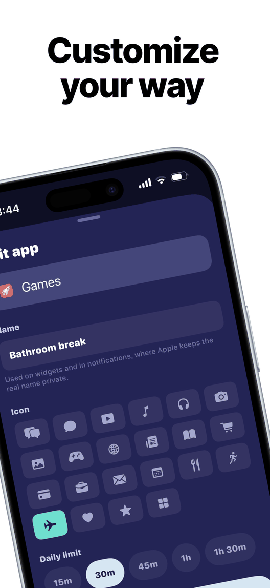 Customize a tracked app with a private nickname, icon, and daily limit