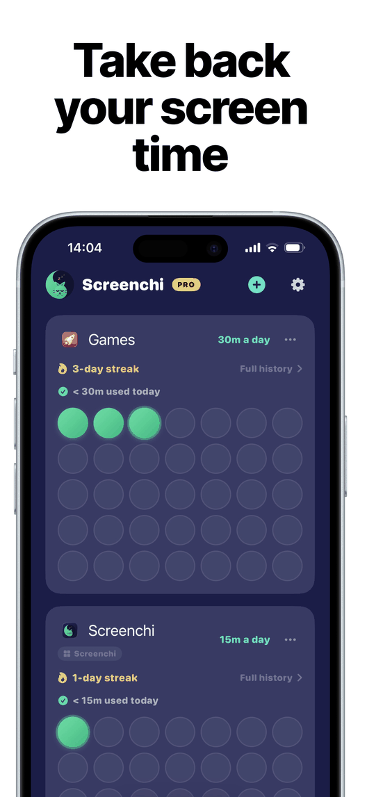 Screenchi dashboard: daily app limits with a grid of green streak dots