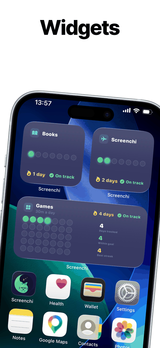 Home Screen widgets showing streaks and dot grids